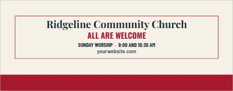 Table cover template, church, all are welcome, reading "Ridgeline Community Church", "ALL ARE WELCOME" and "SUNDAY WORSHIP · 9:00 AND 10:30 AM", in maroon and cream