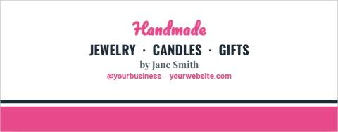 Table cover template, craft vendor, reading "Handmade", "JEWELRY · CANDLES · GIFTS" and "by Jane Smith", in pink and white