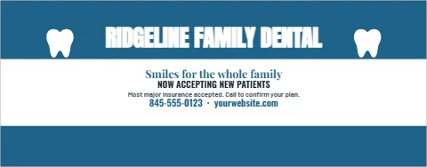 Table cover template, family dental, new patients, reading "RIDGELINE FAMILY DENTAL", "Smiles for the whole family" and "845-555-0123 · yourwebsite.com", in steel blue and white