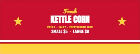 Table cover template, fair food booth, reading "Fresh", "KETTLE CORN" and "SMALL $5 · LARGE $8", in yellow and red