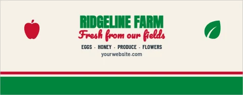 Table cover template, farm market table, reading "RIDGELINE FARM", "Fresh from our fields" and "EGGS · HONEY · PRODUCE · FLOWERS", in green and cream