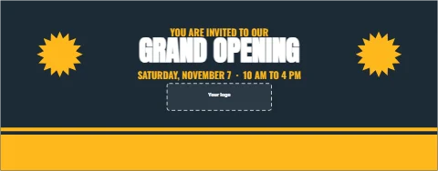 Table cover template, grand opening, gold bursts, reading "YOU ARE INVITED TO OUR", "GRAND OPENING" and "SATURDAY, NOVEMBER 7 · 10 AM TO…", in gold and navy, with a space for your logo