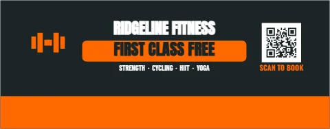 Table cover template, gym, first class free, reading "RIDGELINE FITNESS", "FIRST CLASS FREE" and "SCAN TO BOOK", in orange and charcoal, with a QR code