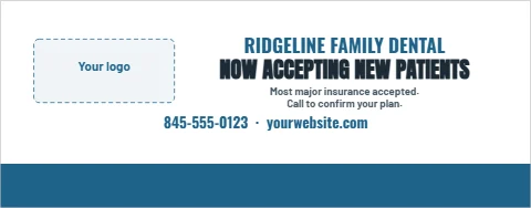 Table cover template, health fair, reading "RIDGELINE FAMILY DENTAL", "NOW ACCEPTING NEW PATIENTS" and "845-555-0123 · yourwebsite.com", in steel blue and white, with a space for your logo