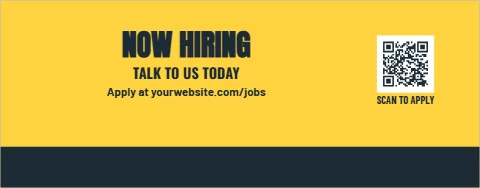 Table cover template, now hiring table, reading "NOW HIRING", "TALK TO US TODAY" and "Apply at yourwebsite.com/jobs", in navy and yellow, with a QR code