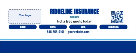 Table cover template, insurance agency, free quote, reading "RIDGELINE INSURANCE", "Get a free quote today" and "845-555-0161 · yourwebsite.com", in blue and white, with a space for your logo and a QR code