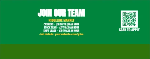 Table cover template, job fair, three jobs and pay, reading "JOIN OUR TEAM", "RIDGELINE MARKET" and "SCAN TO APPLY", in green, with a QR code