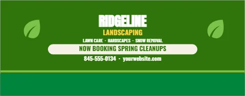 Table cover template, landscaping, now booking, reading "RIDGELINE", "LANDSCAPING" and "NOW BOOKING SPRING CLEANUPS", in green