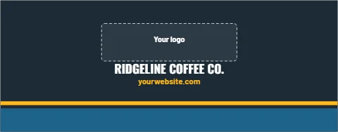 Table cover template, logo centered, with a stripe, reading "RIDGELINE COFFEE CO." and "yourwebsite.com", in steel blue and navy, with a space for your logo