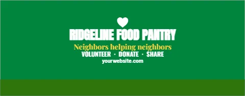 Table cover template, nonprofit, reading "RIDGELINE FOOD PANTRY", "Neighbors helping neighbors" and "VOLUNTEER · DONATE · SHARE", in green