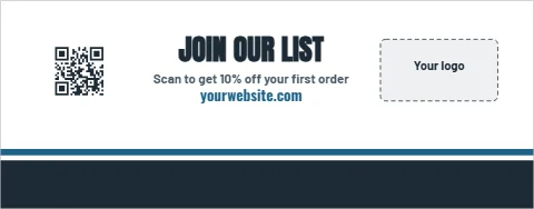 Table cover template, scan to join our list, reading "JOIN OUR LIST", "Scan to get 10% off your first…" and "yourwebsite.com", in navy and white, with a space for your logo and a QR code