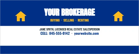 Table cover template, real estate booth, reading "YOUR BROKERAGE", "BUYING · SELLING · RENTING" and "CELL: 845-555-0142 ·…", in blue and white