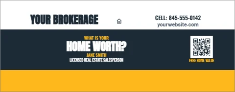 Table cover template, home value, scan to find out, reading "YOUR BROKERAGE", "CELL: 845-555-0142" and "HOME WORTH?", in white and navy, with a QR code