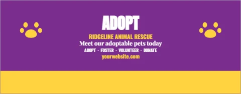 Table cover template, animal rescue, adopt, reading "ADOPT", "RIDGELINE ANIMAL RESCUE" and "Meet our adoptable pets today", in yellow and purple