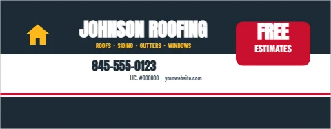 Table cover template, roofing, free estimates, reading "JOHNSON ROOFING", "FREE" and "845-555-0123", in navy and white