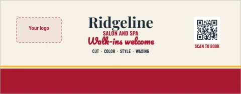 Table cover template, salon, walk-ins welcome, reading "Ridgeline", "SALON AND SPA" and "Walk-ins welcome", in maroon and cream, with a space for your logo and a QR code
