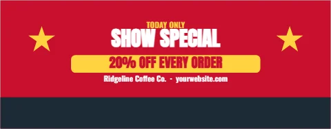 Table cover template, show special, today only, reading "TODAY ONLY", "SHOW SPECIAL" and "20% OFF EVERY ORDER", in navy and red