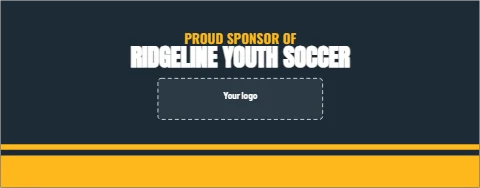 Table cover template, proud sponsor, reading "PROUD SPONSOR OF" and "RIDGELINE YOUTH SOCCER", in gold and navy, with a space for your logo