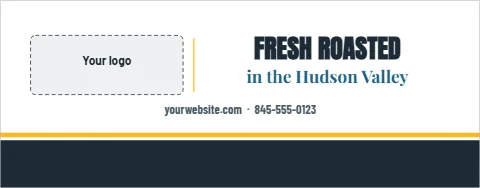 Table cover template, logo and tagline, reading "FRESH ROASTED", "in the Hudson Valley" and "yourwebsite.com · 845-555-0123", in navy and white, with a space for your logo