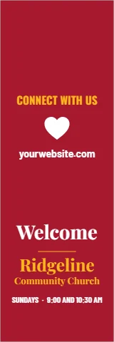 Table cover template, church welcome runner, reading "CONNECT WITH US", "Welcome" and "Ridgeline", in maroon