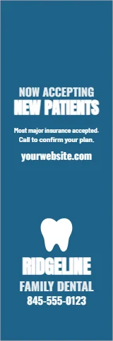 Table cover template, dental runner, new patients, reading "NEW PATIENTS", "RIDGELINE" and "FAMILY DENTAL", in steel blue