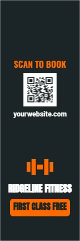 Table cover template, gym runner, try a class, reading "SCAN TO BOOK", "yourwebsite.com" and "RIDGELINE FITNESS", in charcoal, with a QR code