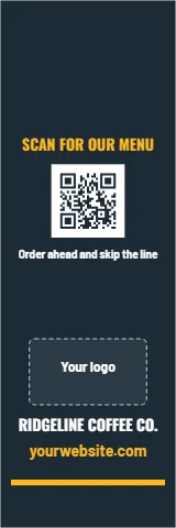 Table cover template, logo front, QR on top, reading "SCAN FOR OUR MENU", "RIDGELINE COFFEE CO." and "yourwebsite.com", in navy, with a space for your logo and a QR code