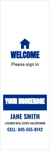 Table cover template, open house runner, reading "WELCOME", "YOUR BROKERAGE" and "JANE SMITH", in white