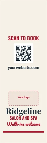 Table cover template, salon runner, scan to book, reading "SCAN TO BOOK", "Ridgeline" and "SALON AND SPA", in cream, with a space for your logo and a QR code