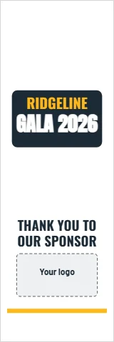 Table cover template, sponsor thank-you runner, reading "RIDGELINE", "GALA 2026" and "OUR SPONSOR", in navy and white, with a space for your logo