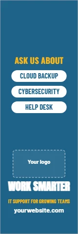 Table cover template, trade show runner, reading "ASK US ABOUT", "HELP DESK" and "WORK SMARTER", in steel blue, with a space for your logo