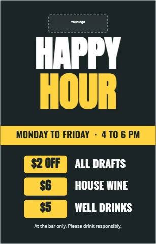 Table tent template, happy hour drink specials, reading "HAPPY", "HOUR" and "$6", in charcoal, with a space for your logo