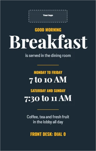 Table tent template, hotel breakfast and amenities card, reading "Breakfast", "7 to 10 AM" and "7:30 to 11 AM", in navy, with a space for your logo