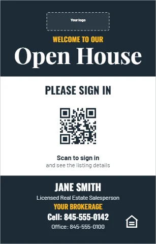 Table tent template, open house sign-in, QR code, reading "Open House", "PLEASE SIGN IN" and "JANE SMITH", in navy and white, with a space for your logo and a QR code