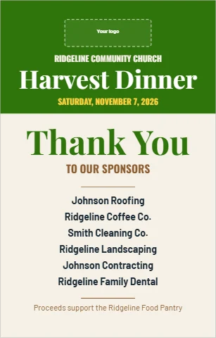 Table tent template, fundraiser dinner, thank you sponsors, reading "Harvest Dinner", "Thank You" and "TO OUR SPONSORS", in green and cream, with a space for your logo