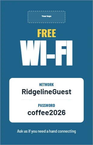Table tent template, free Wi-Fi password card, reading "FREE", "WI-FI" and "RidgelineGuest", in white and steel blue, with a space for your logo