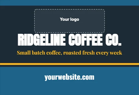 Tent wall template, logo and tagline, reading "RIDGELINE COFFEE CO.", "Small batch coffee, roasted…" and "yourwebsite.com", in steel blue and navy, with a space for your logo
