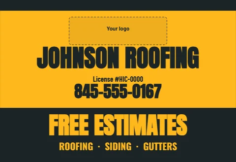 Tent wall template, contractor, reading "JOHNSON ROOFING", "845-555-0167" and "FREE ESTIMATES", in charcoal and gold, with a space for your logo
