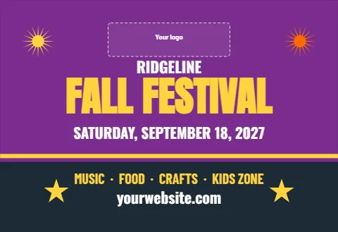 Tent wall template, festival, reading "RIDGELINE", "FALL FESTIVAL" and "yourwebsite.com", in navy and purple, with a space for your logo