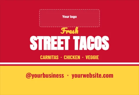 Tent wall template, food truck, reading "Fresh", "STREET TACOS" and "CARNITAS · CHICKEN · VEGGIE", in yellow and red, with a space for your logo