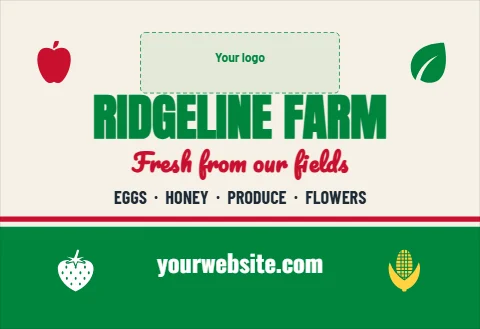 Tent wall template, farmers market, reading "RIDGELINE FARM", "Fresh from our fields" and "yourwebsite.com", in green and cream, with a space for your logo