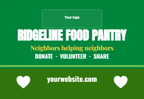 Tent wall template, nonprofit, reading "RIDGELINE FOOD PANTRY", "Neighbors helping neighbors" and "yourwebsite.com", in green, with a space for your logo