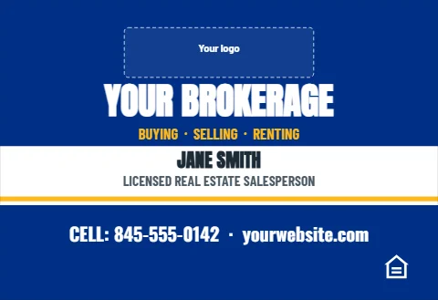 Tent wall template, real estate brokerage, reading "YOUR BROKERAGE", "JANE SMITH" and "CELL: 845-555-0142 ·…", in blue and white, with a space for your logo