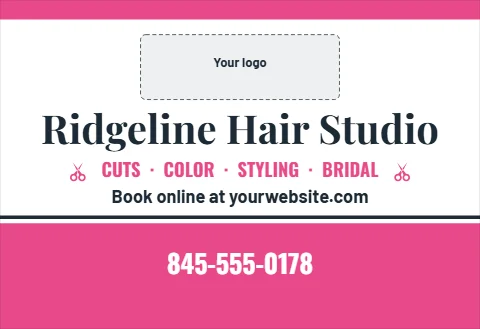Tent wall template, salon and beauty, reading "Ridgeline Hair Studio", "CUTS · COLOR · STYLING · BRIDAL" and "845-555-0178", in pink and white, with a space for your logo