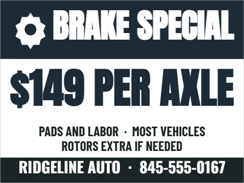 Yard sign template, brake special, reading "BRAKE SPECIAL", "$149 PER AXLE" and "RIDGELINE AUTO · 845-555-0167", in navy and white