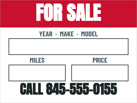Yard sign template, car for sale, write-on, reading "FOR SALE", "YEAR · MAKE · MODEL" and "CALL 845-555-0155", in red and white