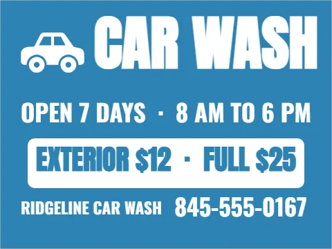 Yard sign template, car wash, reading "CAR WASH", "EXTERIOR $12 · FULL $25" and "845-555-0167", in white and blue