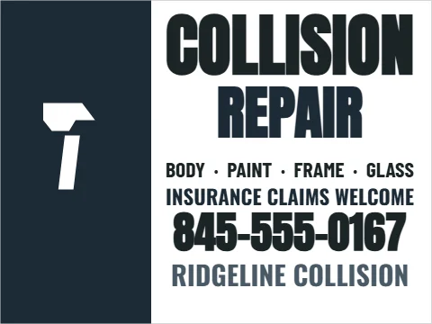 Yard sign template, collision repair, reading "COLLISION", "REPAIR" and "845-555-0167", in navy and white