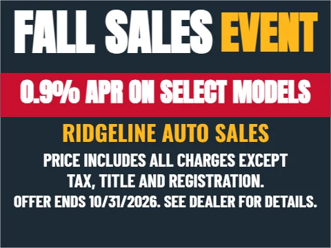 Yard sign template, dealership sales event, reading "FALL SALES", "EVENT" and "RIDGELINE AUTO SALES", in red and navy