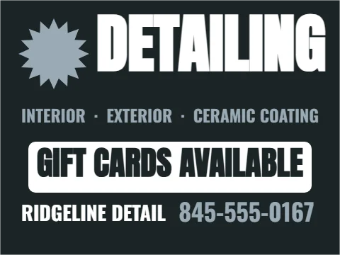 Yard sign template, detailing, reading "DETAILING", "GIFT CARDS AVAILABLE" and "845-555-0167", in white and charcoal